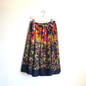 Flint & Moss Navy Blue Colorful Floral A-line Midi Skirt Size Medium Spring Boho